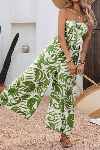 Resort Style Bandeau Printed Smocked Jumpsuit