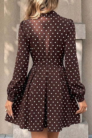 Polka Dot Print Lapel Tie Waist Mini Dress