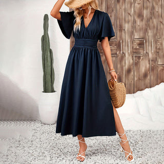 V Neck Solid Color Slit Design Dress