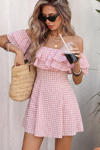 Off The Shoulder Plaid Print Ruffled Mini Dress