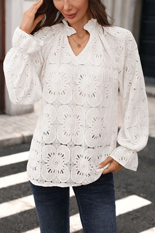 Solid Color Lace Patchwork V Neck Top