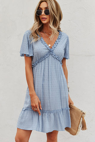 Fashion Solid Color Frill V Neck Casual Dress
