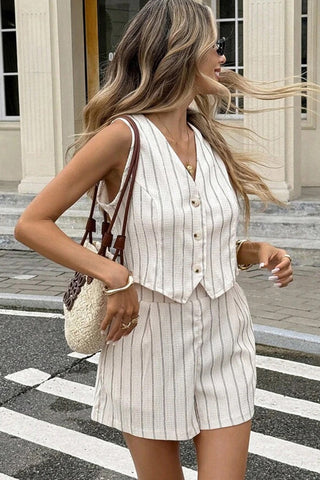 V Neck Stripe Print Casual Two Piece Set