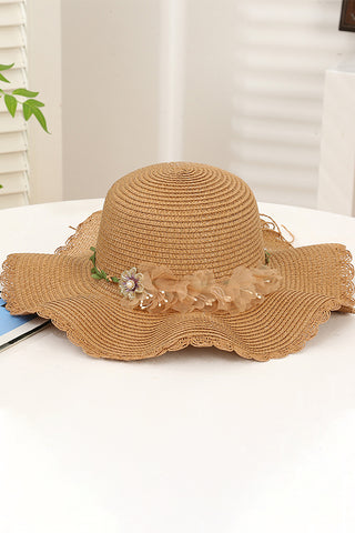 Fashion Color Block Floral Decoration Weave Hat
