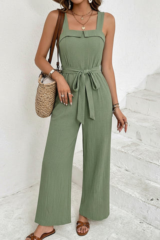 Solid Color Sleeveless Tie Waist Jumpsuit