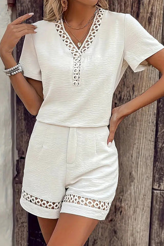 V Neck Solid Hollow Design Two Piece Set