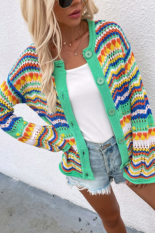 Color Block Hollow Knitted Open Front Cardigan