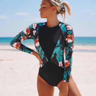 Floral Print Patchwork One Piece Surfing Swimsuit