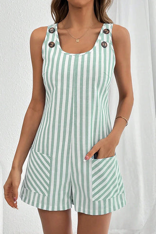 Stripe Print U Neck Button Casual Romper
