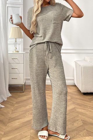 Solid Short Sleeve Long Pants Loungewear Set