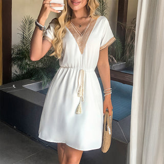 Lace Patchwork V Neck Tie Waist Dress