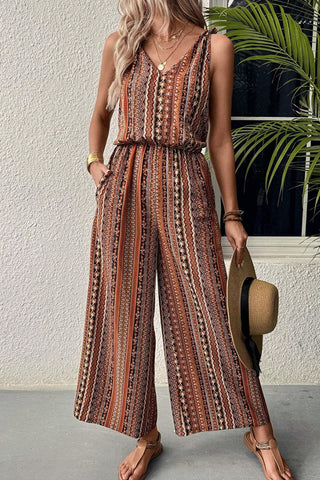 Ethnic Style Printed V Neck Casual Jumpsuit