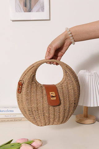 Color Block Gold Clasp Hollow Handle Weave Bag