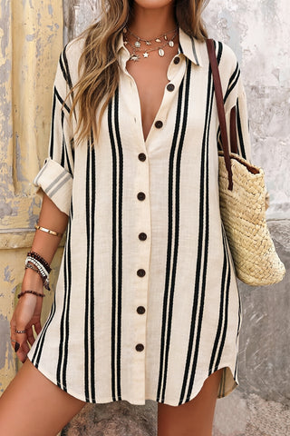 Stripe Print Lapel Button Shirt Dress