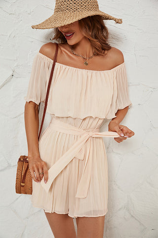Off The Shoulder Solid Tie Waist Pleated Romper