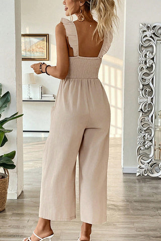 Solid Color Smocked Ruffle Straps Jumpsuit
