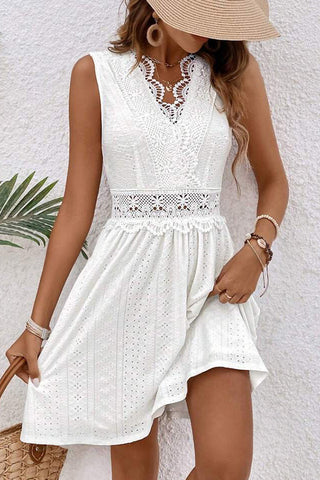 Lace Patchwork Solid V Neck Mini Dress