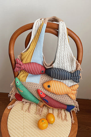 Bohemian Style Fish Design Color Block Knitted Bags