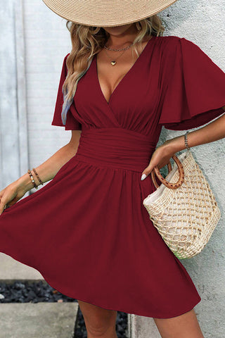 V Neck Smocked Waist Ruffle Sleeves Dress