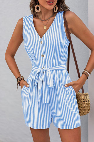 Stripe Print V Neck Tie Waist Rompers
