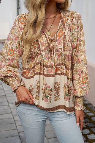 Boho Print V Neck Tie Front Long Sleeve Top