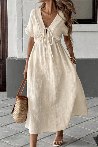 Deep V Neck Tie Front Solid Color Dress