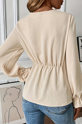 V Neck Knot Front Solid Long Sleeve Top