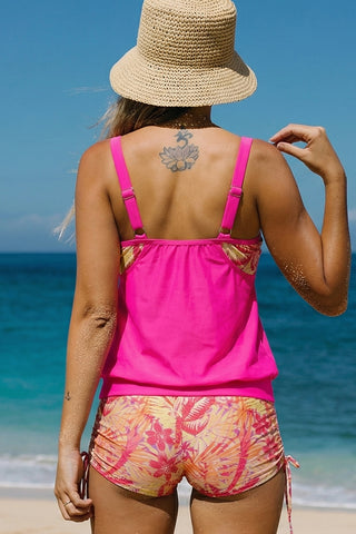 Fashion Printed Scoop Neck Drawstring Tankini Set