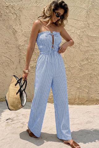 Stripe Print Bandeau Cutout Tie Front Jumpsuit
