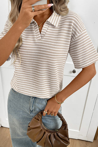 Color Block Lapel Knitted Short Sleeve Tops