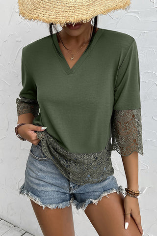 Lace Patchwork V Neck Solid Casual Top