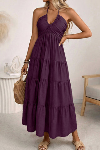 V Neck Smocked Back Halter Neck Maxi Dress