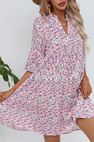 Floral Print V Neck Flared Sleeves Casual Dress