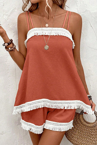 Color Block Tassel Casual Two Piece Set