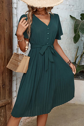 Solid Color V Neck Flare Sleeve Pleated Dress