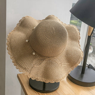 Pearl Wavy Wide Brim Casual Straw Hat
