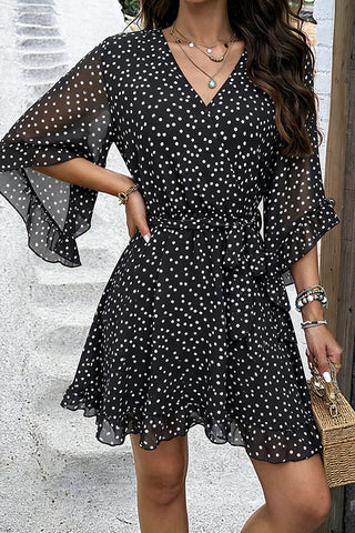 Polka Dot Print V Neck Chiffon Dress