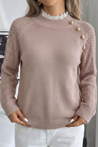 Lace Patchwork Color Block Button Detail Sweater
