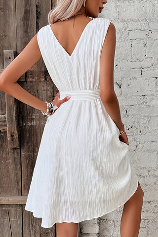 V Neck Solid Color Tie Waist Casual Dress