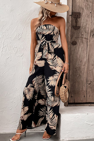 Leaf Print Bandeau Tie Waist Jumpsuit