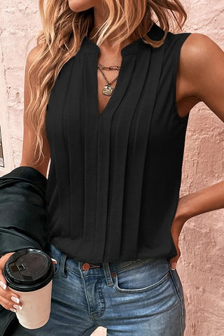 Solid Color Pleated V Neck Casual Tops