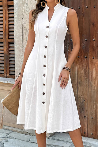 Solid Color V Neck Button Midi Dress