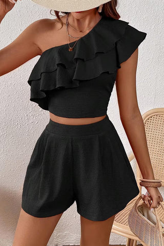 One Shoulder Ruffle Solid Two Piece Set