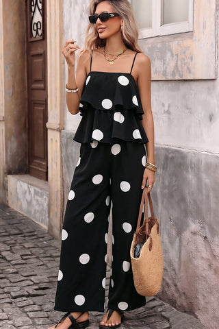 Dots Print Layered Hem Sleeveless Jumpsuit