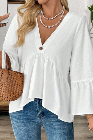 V Neck Solid Ruffle Sleeves Casual Tops
