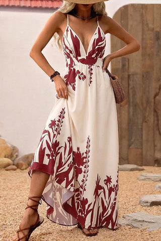 Deep V Neck Printed Back Cross Maxi Dress