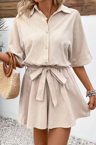 Solid Color Lapel Tie Waist Casual Romper