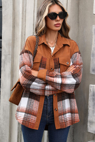 Plaid Lapel Long Sleeve Corduroy Tweed Coat
