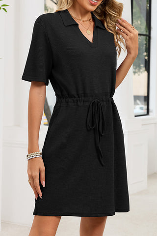 Solid Color Lapel Drawstring Pocket Dress