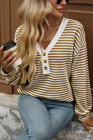 Color Block V Neck Button Casual Top